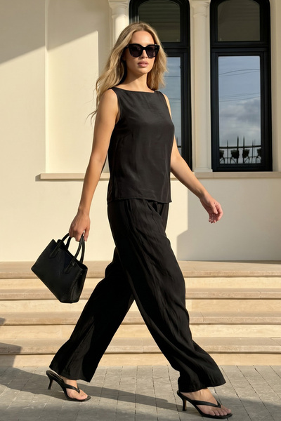 Siyah İnci Black Thick Strap Blouse Elastic Waist Pants Woven Modal Top-Botto...
