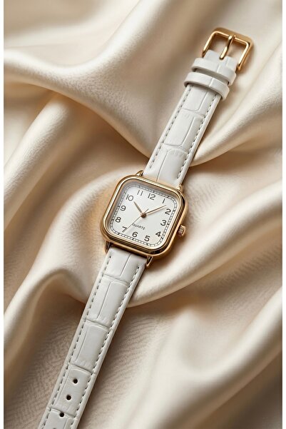 KLISHE Butik Classic Women's Watch Gold Color Square Case White Leather Band ...