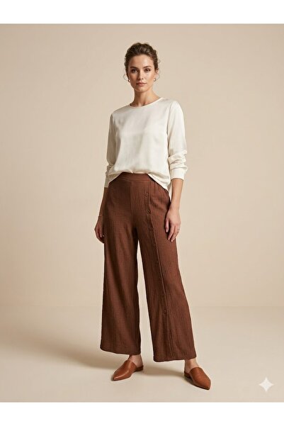 centilmen Vedi̇ Women's High Waist Button Detailed Wide Leg Pants 7409