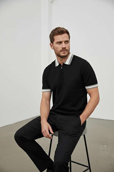 Sarar İnterview Polo Yaka Rayon İnce Triko Siyah-Gri T-Shirt
