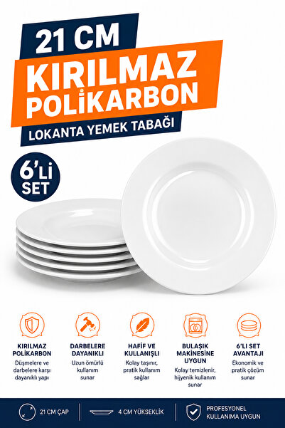 Akyüz Plastik 🍽️6'lı Kırılmaz Yemek Tabağı 21 Cm Polikarbon Beyaz Restoran S...
