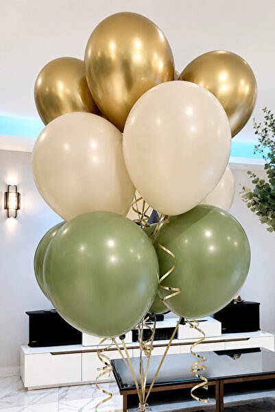BALON DİYARI 10 Pieces of Gold Sea Sand Mold Green Balloon Bouquet – Helium C...