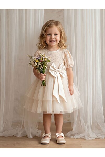 Cherrys Bebek Girls' Evening Dress with Lace and Tulle Ribbon