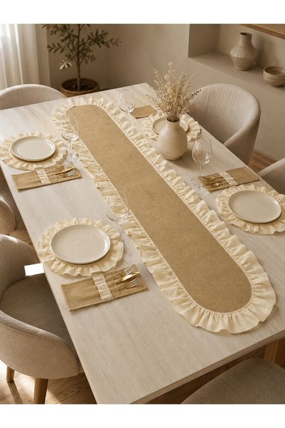 Kitchen Vogue Bohemian Wicker Jute Ruffled Table Runner Set Decorative Spoon Holder Tablecloth Dowry Home Kitchen Table Set