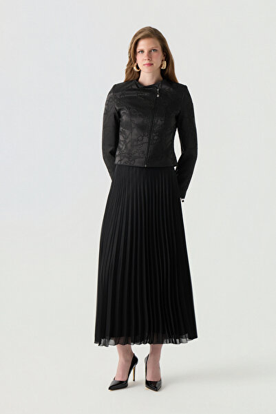 Zühre Asymmetrical Zippered Lace Textured Pleated Black Suit 1780