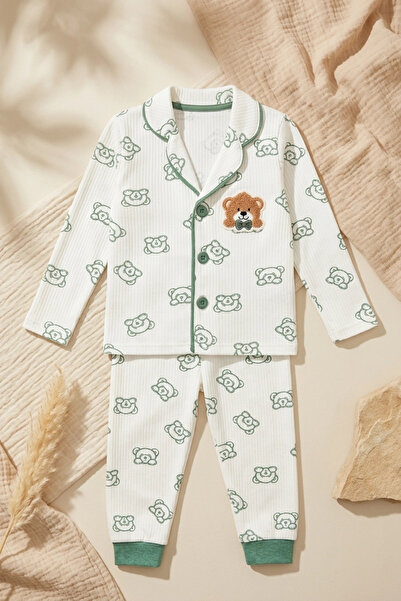 Babydonat Milo Bear Bebek ve Çocuk Fitilli Pijama Takımı - Yeşil Biyeli Ayıcık Baskılı Pamuklu Kaşkorse Takım