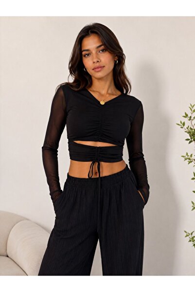 NoVibe Women's Drawstring Closure Detail Sleeves Transparent Long Sleeve Crop...