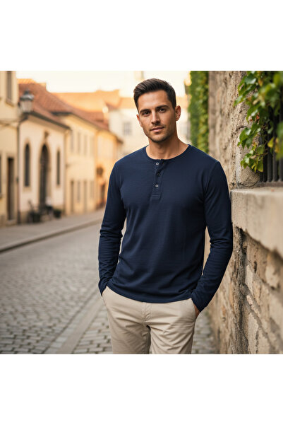 LIVERGY Men's Navy Blue Long Sleeve Henley Shirt - XL
