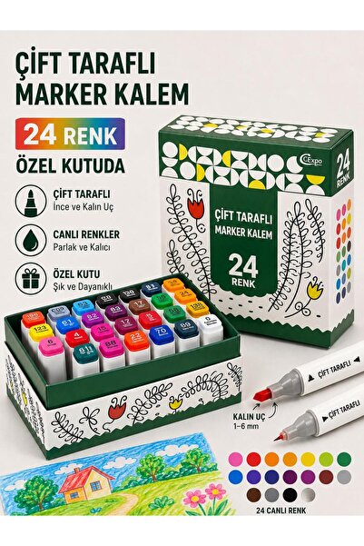 ÖZ KIRTASİYE 24'lü Çift Taraflı Marker Boya Kalem Seti Özel Karton Kutuda