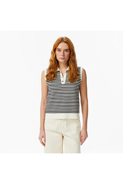 Nautica Kadın Krem Regular Fit Kolsuz Çizgili Polo Yaka T-Shirt