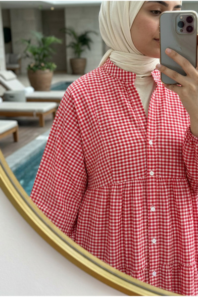 Kirazca Butik Women's Gingham Patterned High Collar Comfortable Fit Hijab Dress