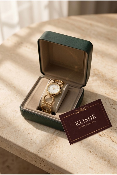 KLISHE Luxury Women's Steel Watch Gold Color Special Design Leather Luxury Bo...