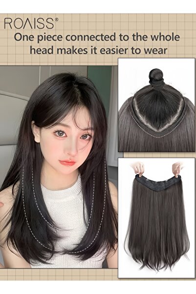 ROAISS V-Shaped Hair Extension One Piece Slightly Curly Straight Wig with 5 C...