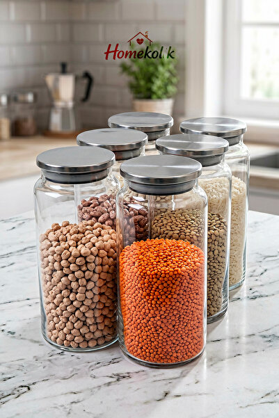 Homekolik 6'lı Vakum Kapaklı Cam Saklama Kabı Seti 1300 ml Metal Kapaklı Bakl...