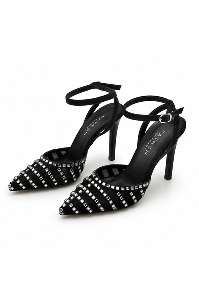 PATRON SHOES 10 cm Heeled Suede Stone Detailed Pointed Toe Ankle Strap Evenin...