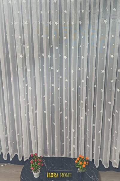 ilora home Yıldız model çocuk ve bebek odası örme tül perdesi 1/3 kat pileli en