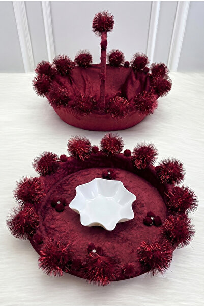 ZEYMERADE Burgundy Bridal Velvet Henna Night Tray and Basket, with Glitter Po...