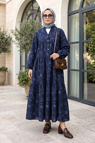 FERHEL Elastic Sleeves, Half Button, Jacquard Printed Piece Dress - Navy Blue