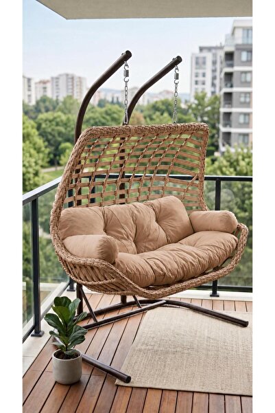 DEMHARİS Çift Kişilik Rattan Bahçe Salıncağı Minderli Balkon Teras Dış Mekan ...