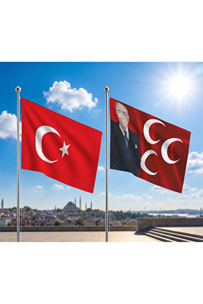 puntodizayn Alparslan Türkeş ve 3 Hilal Kırmızı Sancak Bayrağı ve Alpaka Kuma...