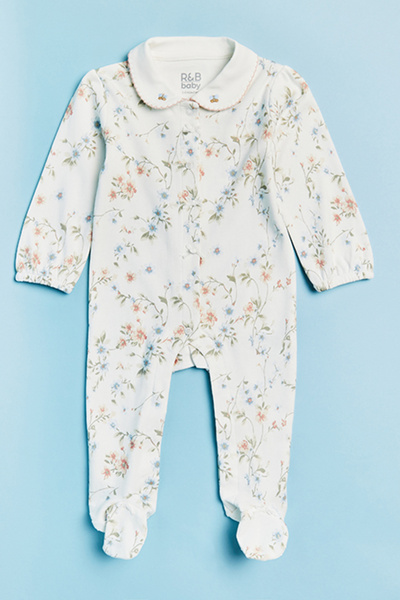 R&B Printed Footed Sleepsuit with Collar and Long Sleeves