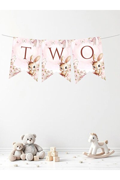 Sinek Kupası Tasarım Pink Rabbit Two Written Birthday Party Lettering Banner ...
