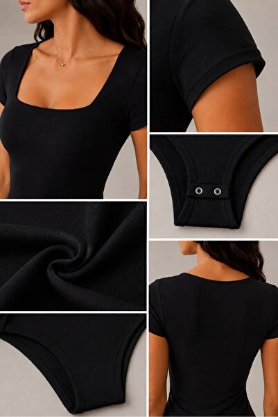 THB.Edition Kadın Kare Yaka Kısa Kollu Çıtlıtlı Body