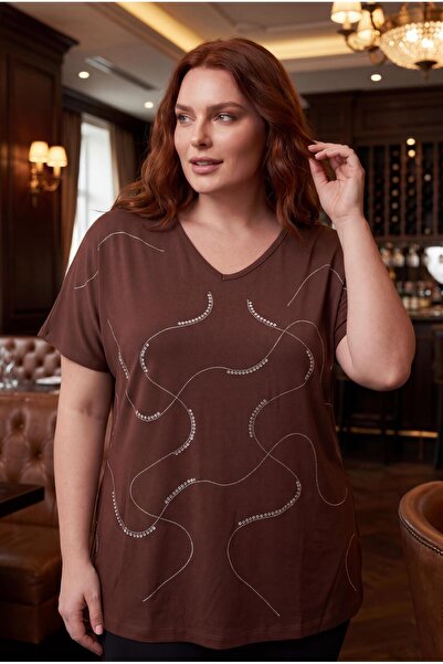 Ebsumu Women's Plus Size Stone Printed Extra Comfortable Brown Blouse