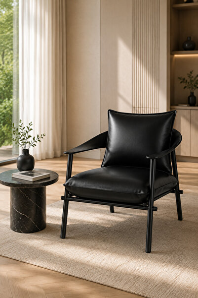 MARIA HOMES Modern Black Leather Look Accent Lounge Chair with Metal Frame | ...