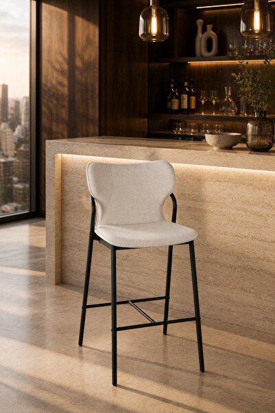 MARIA HOMES Modern Beige Upholstered Bar Stool with Black Metal Frame - Count...