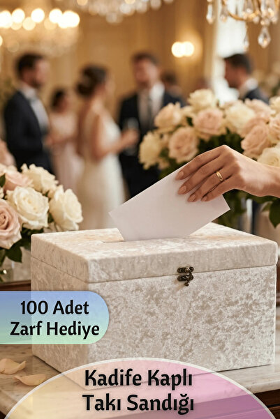 Dantelux Kadife Kaplı Takı Sandığı + 100 Adet Zarf Hediyeli (20x22x33 cm) Ekru