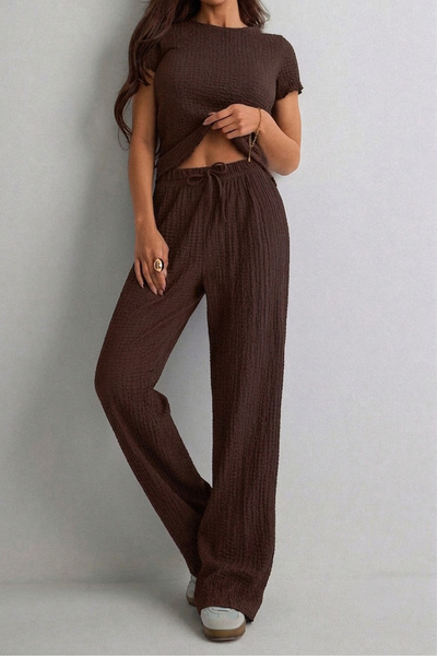 fablair Women's Bubble Fabric Casual Stylish Blouse Wide Leg Pants Two-Piece Set