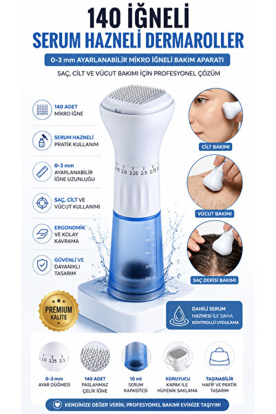 Midilla Profesyonel 140 İğneli Serum Hazneli Dermaroller | 0-3 mm Ayarlı Mikr...
