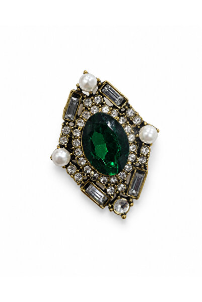Yuchicly Zümrüt Yeşil Kristal Taşlı Vintage Gold Kadın Broş - Modern Yaka İğnesi