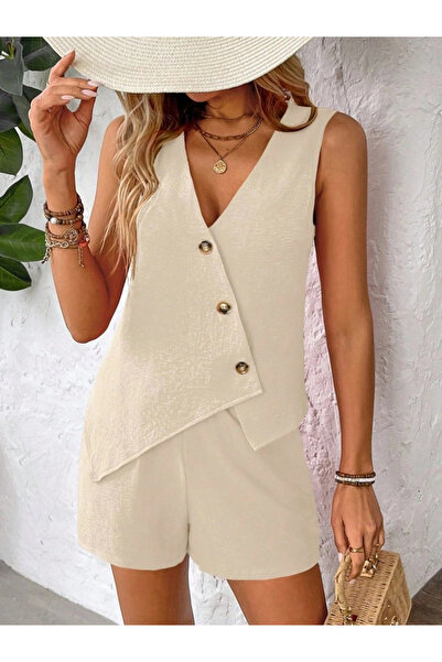 Butik Women's Strappy Button-Front Asymmetrical Detailed Blouse and Lined Sho...