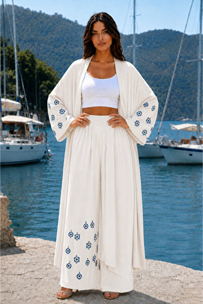 Pure Class Set kimono și pantaloni largi pentru femei, cu model Nazar Boncuk, de calitate premium |   Mărime unică |   Mărime STD