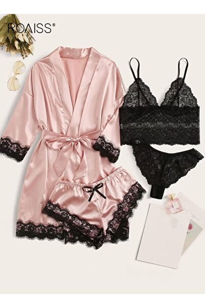 ROAISS 4 Pack Women's Nightwear Set, Lace Trimmed Lightweight Silk Satin Slee...