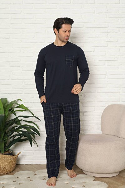 ALİMER Men's Pajama Set - Navy Blue Checkered Long Sleeve Combed Cotton 1223Uy