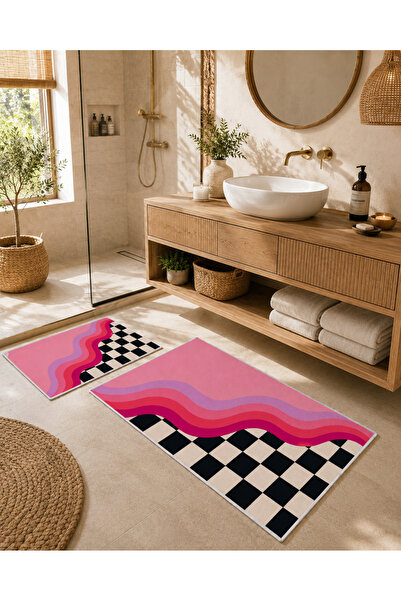 Evmila Black and White Checkered and Pink Wave Patterned Bath Mat Dot Base Ve...