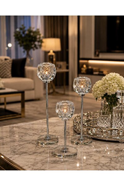 Şahane 3 Lü Kristal Gül Şamdan-Gümüş TKEBT Gümüş