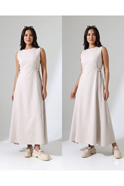 Roza Moda Collection Kadın Bisiklet Yaka Yanı Tokalı Uzun Elbise A-Line Cepli...