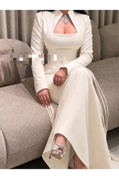 REVE Elegant Beige Dress with Corset Waist and Side Tassels