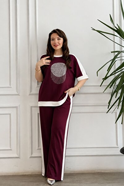 yb yağmur butik Battal Front Round Stone Detailed Tracksuit Set
