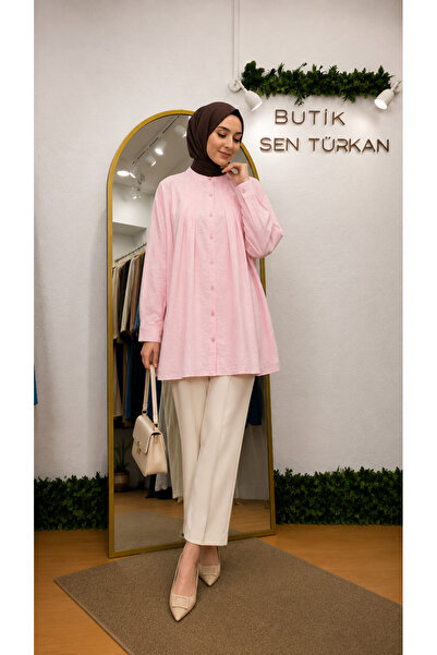 YAREN CLARA Pudra Hakim Collar Pleated Detailed Tunic Yrn-49