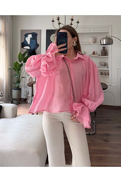 FERZOLAİO Fırfır Kollu Pembe Şifon Gömlek