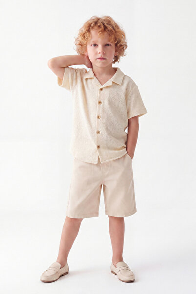 NOBLEKIDS Boy's Summer Shirt and Denim Shorts Set Ecru