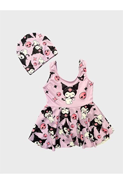 tusem butik homewear Kız Çocuk Mor Sevimli Karakter Desenli Etekli Boneli Mayo