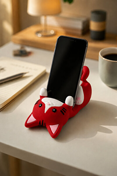 MYCRAFT3D Kırmızı Kedi Figürlü Telefon Tutucu Stand - 3D Baskı Ofis Masaüstü ...