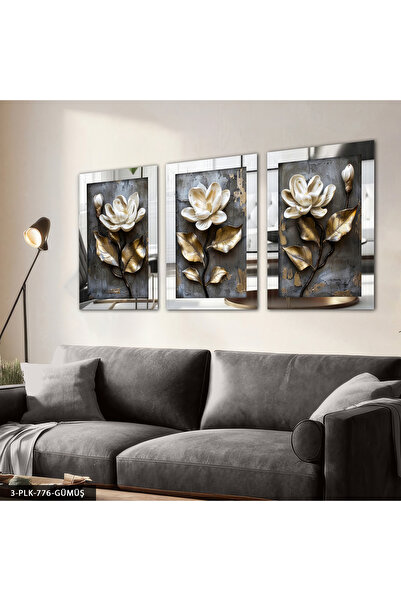 Evinemoda Textured Appearance White Flower 3 Piece Plexiglass Mirrored Painting