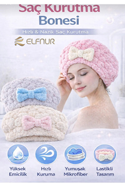 elfnur 1 Adwt Mikrofiber Kumaşlı Saç Kurutma Bonesi – Duş Sonrası Hızlı Kuruy...